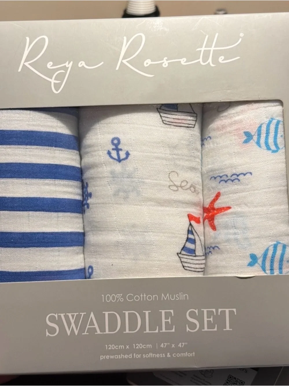 New 3-Pack Baby 100% Cotton Muslin Swaddle Blankets 47x47 Nautical Reya Rosetti